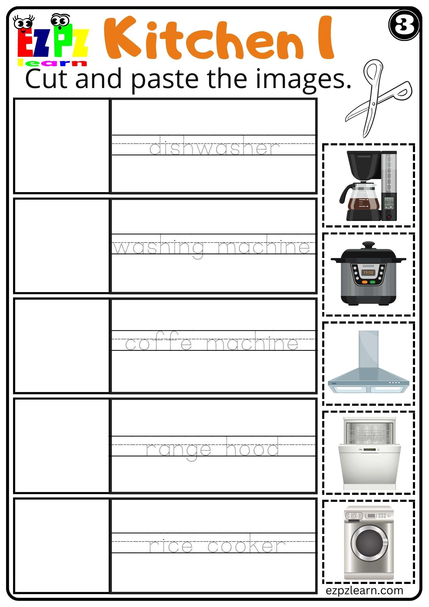 Kitchen Appliances Cut and Paste Worksheet Set 3 for ESL and Homeschool